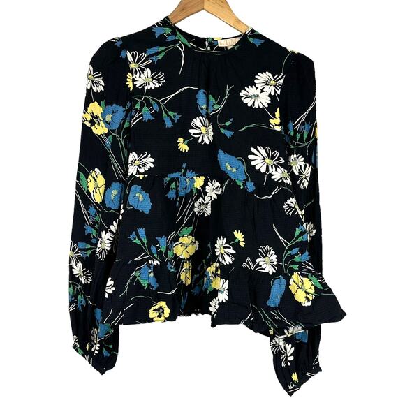 ByTiMo NWT Black Floral Bubble Crepe Blouse Daisy Size S Long Sleeve Round Neck - Picture 2 of 10